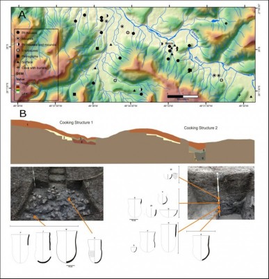 Figure 3. A) Map detailing Canoas River Valley and settlement in URU region; B) stratigraphical profile, excavated areas and rebuilt vessels from Bonin site, URU.